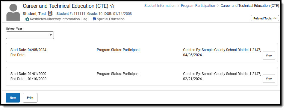 Screenshot of Career and Technical Education tool with list of saved records.
