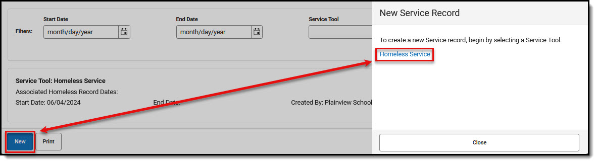 Screenshot showing how to begin entering a new service record.