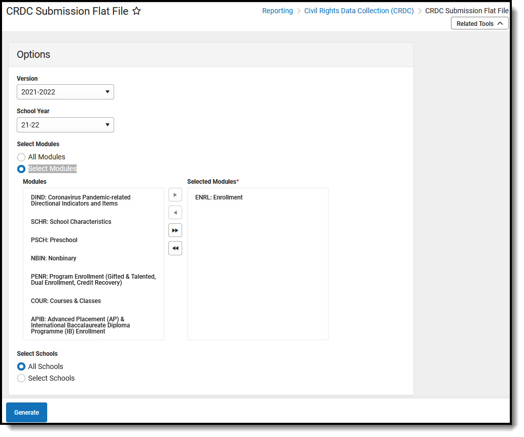 Screenshot of the CRDC Submission Flat File tool with the Select Modules option selected.
