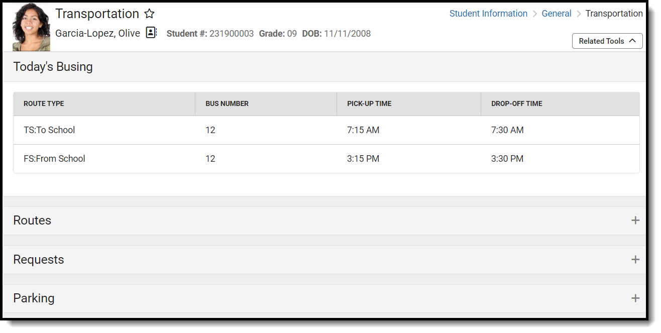 Screenshot of Transportation tool filled out for a student in Student Information General.