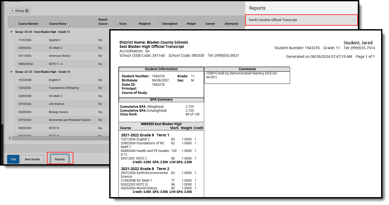 Screenshot of the available reports for student transcripts. 
