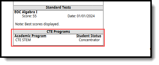 Screenshot of the CTE Programs section on the Student Transcript. 