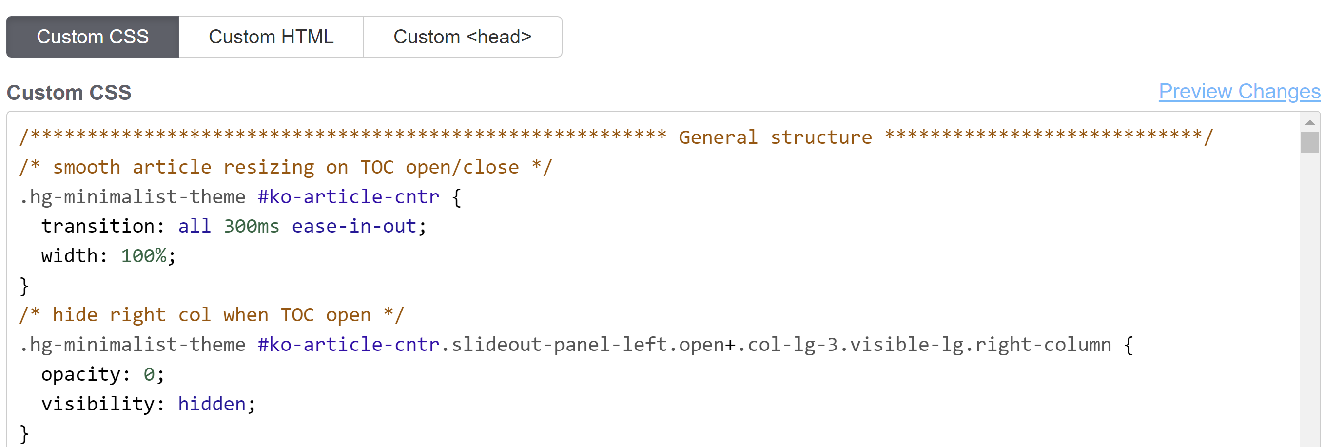 The Custom CSS section in Style Settings. The top of the section begins with a long comment around the text 