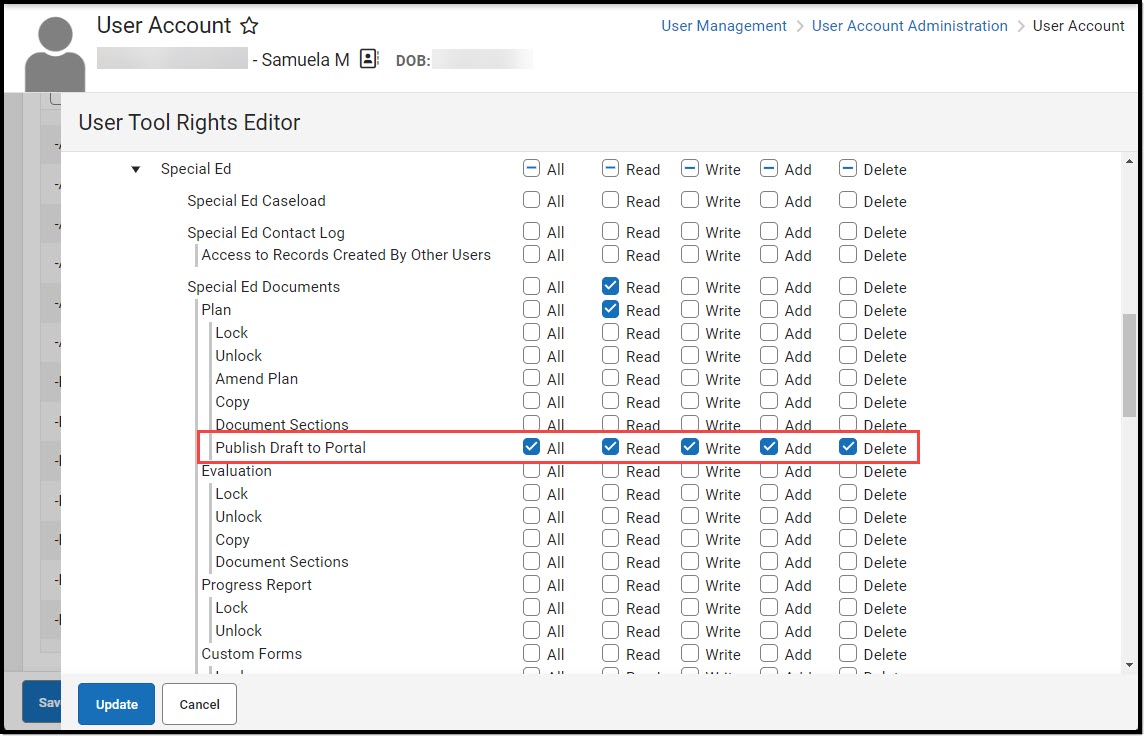 Screenshot of the Publish Draft to Portal tool rights with the Read right selected.