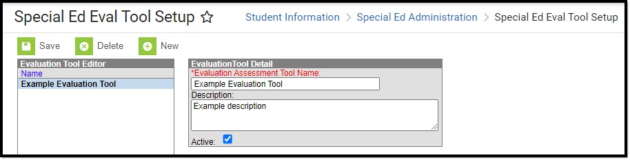 Screenshot of the Special Ed Evaluation Tool with the Evaluation Tool Detail editor.