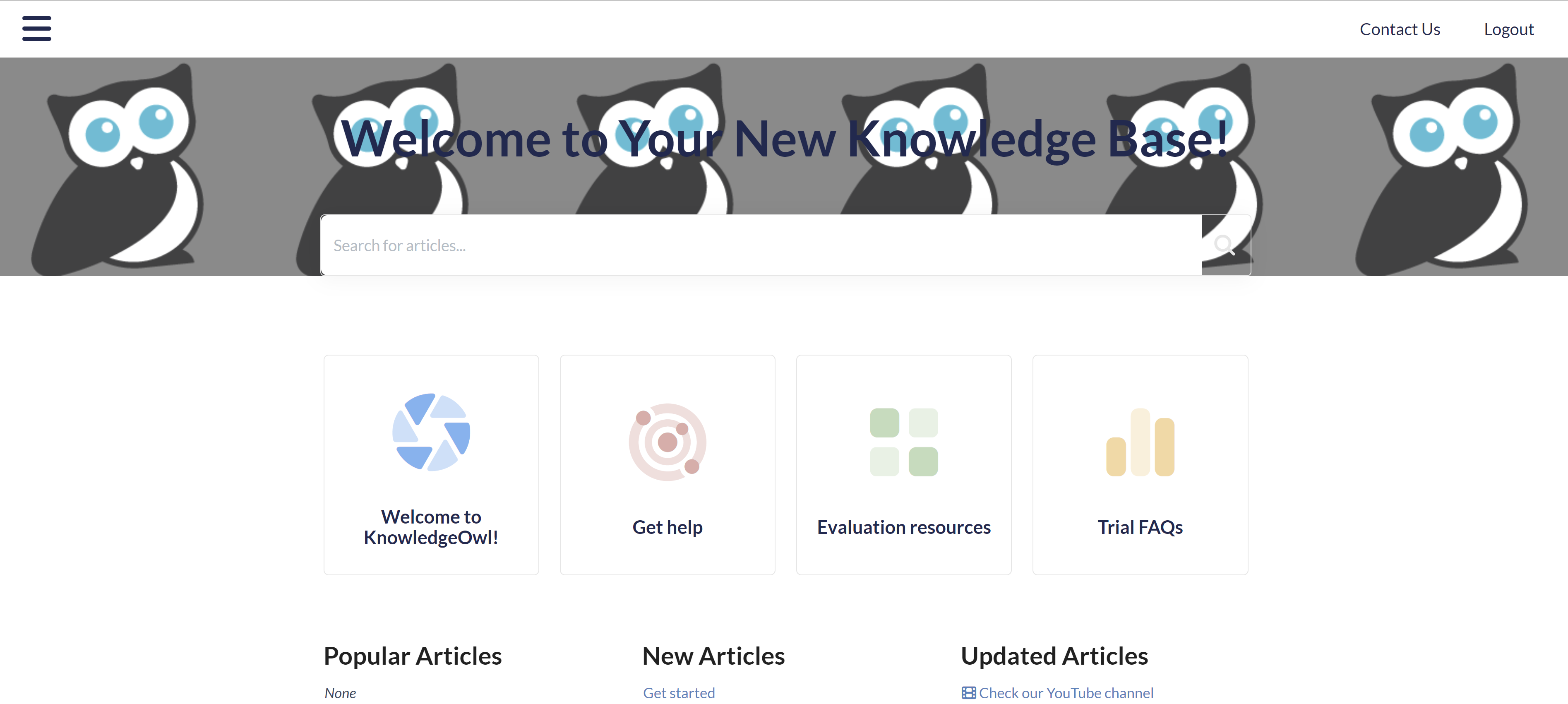 The homepage of a knowledge base. An image of Linus, the KnowledgeOwl mascot, repeats six times across the top of the page.