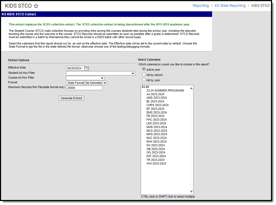 screenshot of the KIDS STCO extract editor