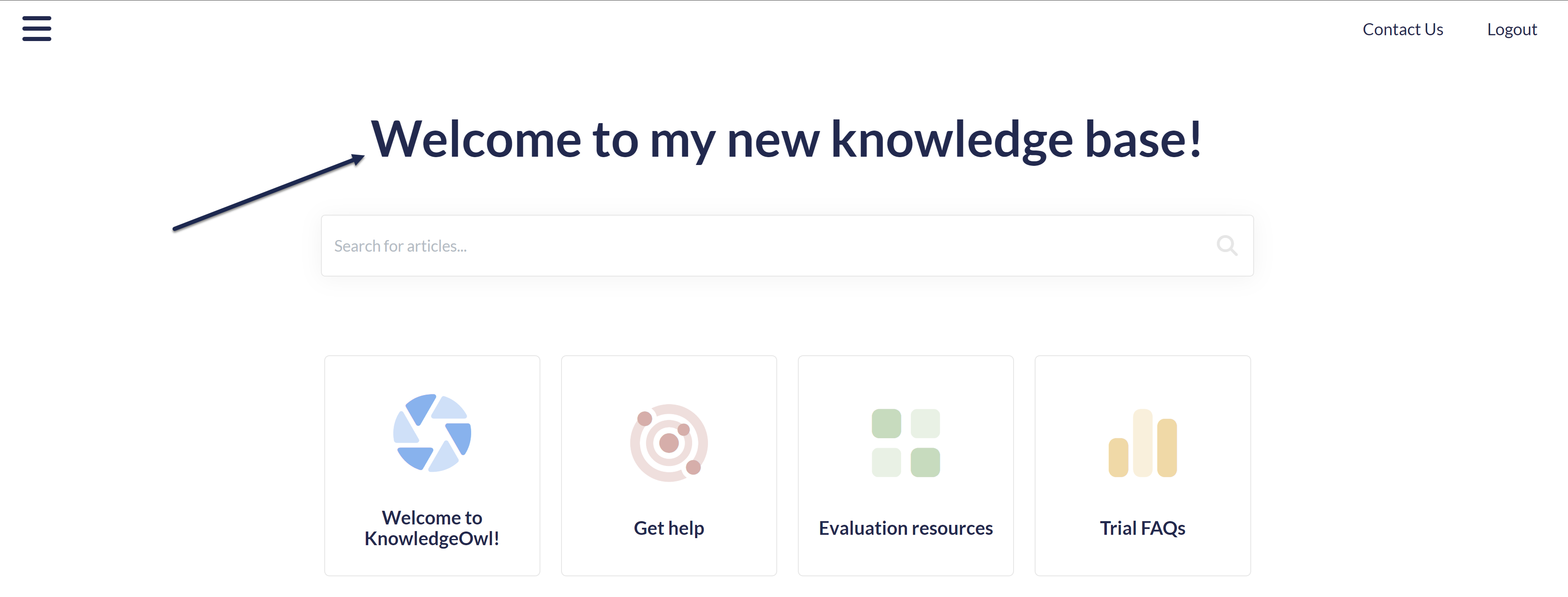 The homepage of a live knowledge base. An arrow points to the "Welcome to my new knowledge base!" statement.