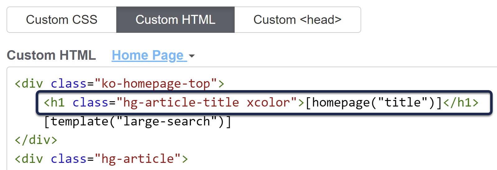 The Custom HTML Home Page section of Style Settings. A callout has been added to the h1 containing the homepage title template.