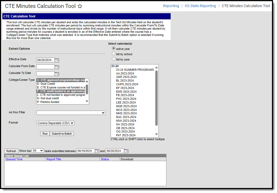 screenshot of the CTE Minutes Calculation Tool editor