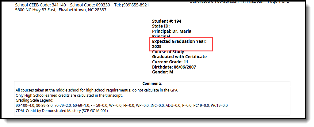 Screenshot of the Expected Grad Year Printing on the transcript