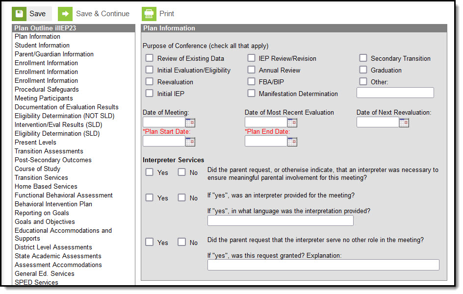 Screenshot of the Individual Service Plan with the first editor selected.