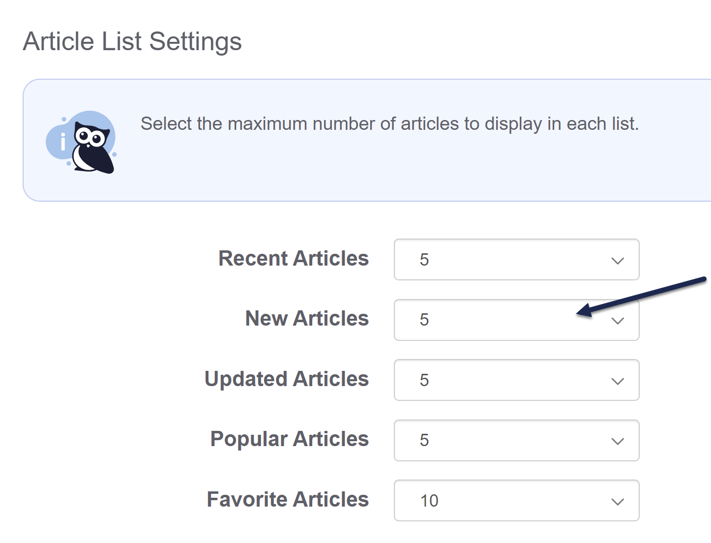 The Article List Settings section of the Basic Settings page. An arrow points to the dropdown for New Articles.