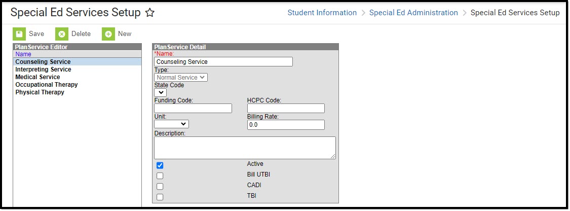 Screenshot of the Special Ed Services Setup tool.