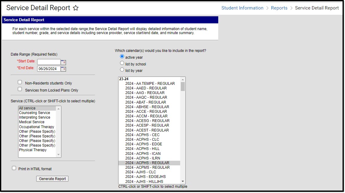 Screenshot of the Service Detail Report Editor.