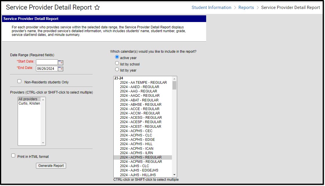 Screenshot of the Service Provider Detail Report Editor.