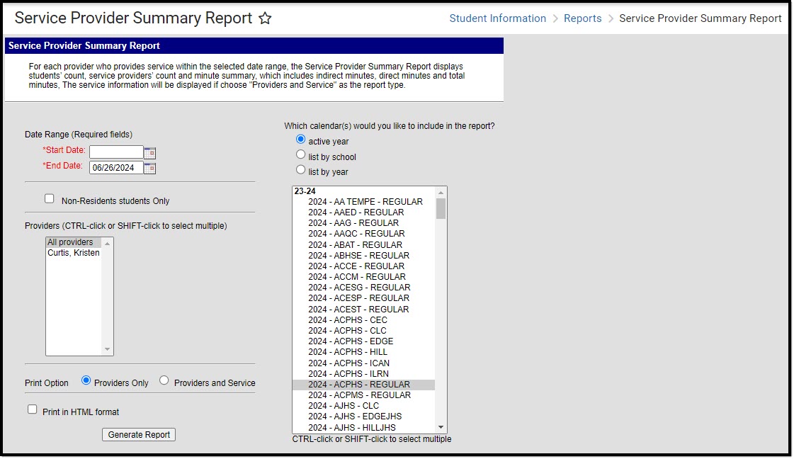 Screenshot of the Service Provider Summary Report Editor.