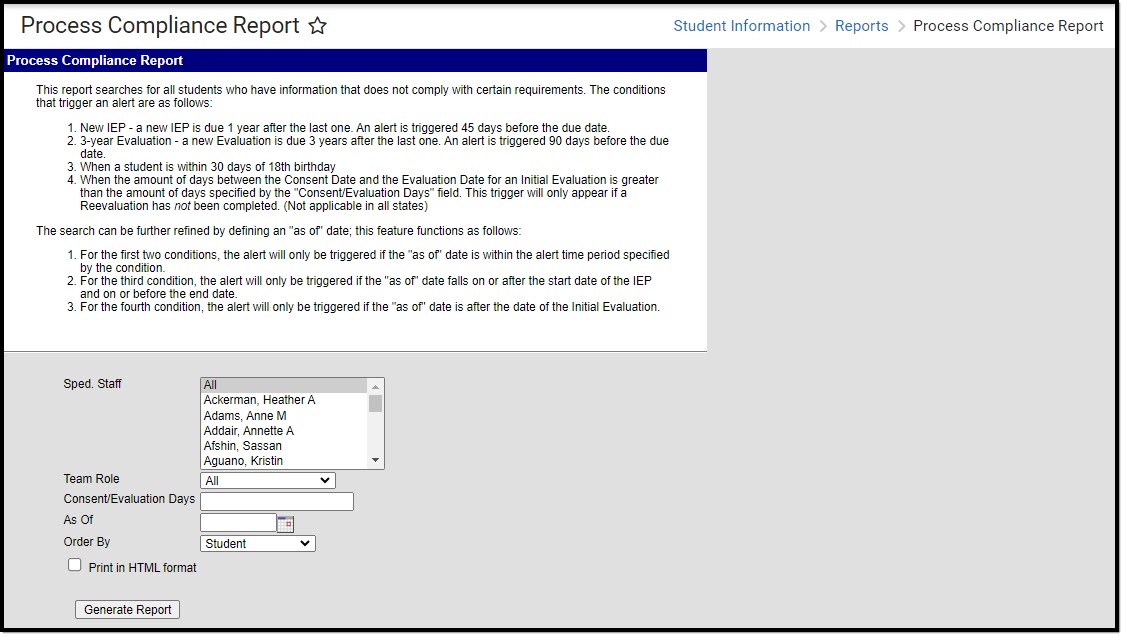 Screenshot of the Process Compliance Report Editor.