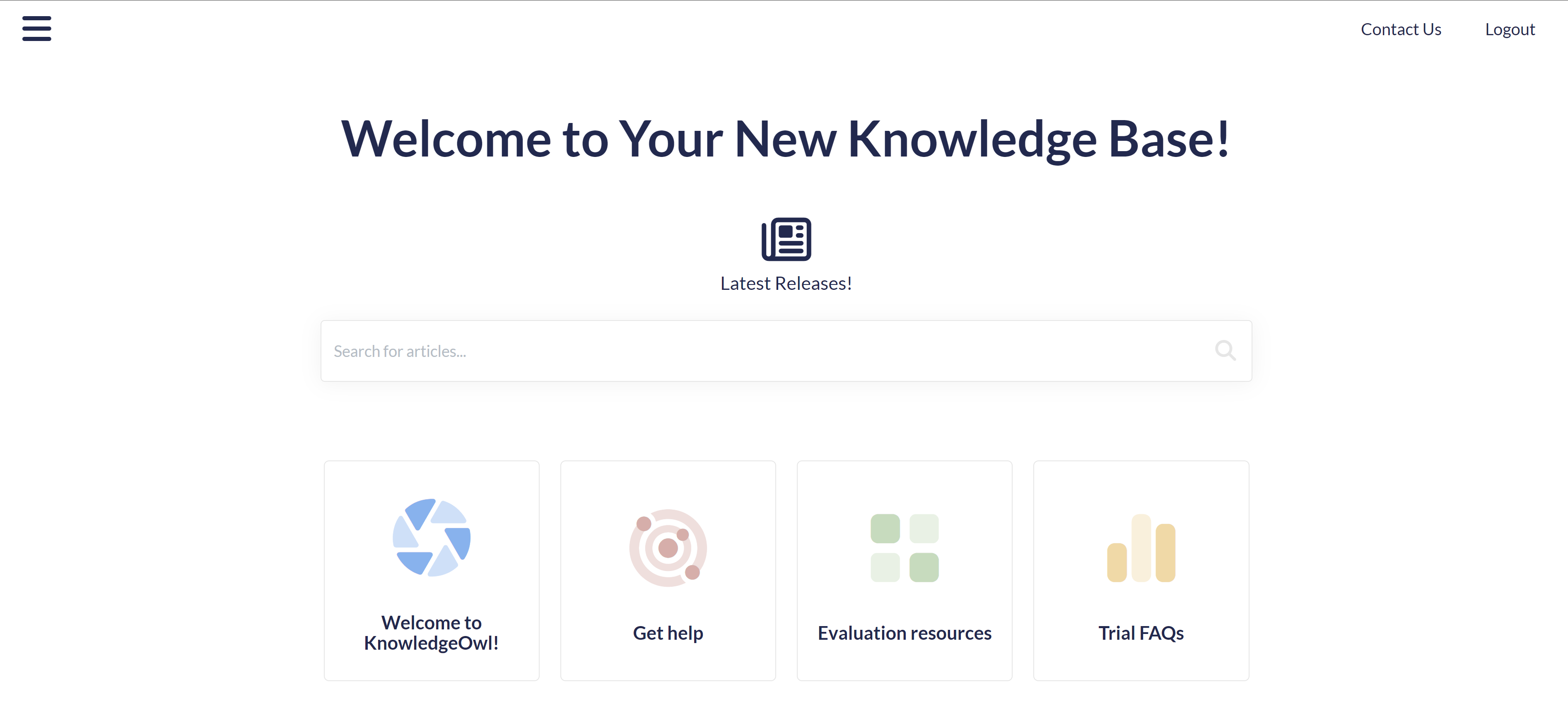 The homepage of a sample knowledge base. The newspaper icon and Latest Releases text display below the knowledge base welcome statement and above the search bar.