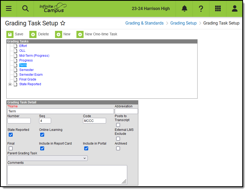 Screenshot of the grading task setup tool, with a task selected and details shown below the list of tasks. 