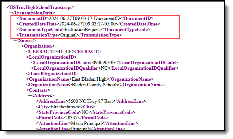Screenshot of the PESC XML eTranscript where the Header Information is highlighted.