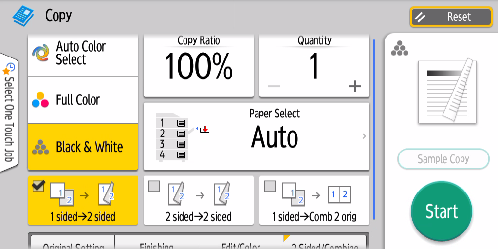 Options: Auto Color, full Color, Black & white, sided options quantity, ratio, and Start button.