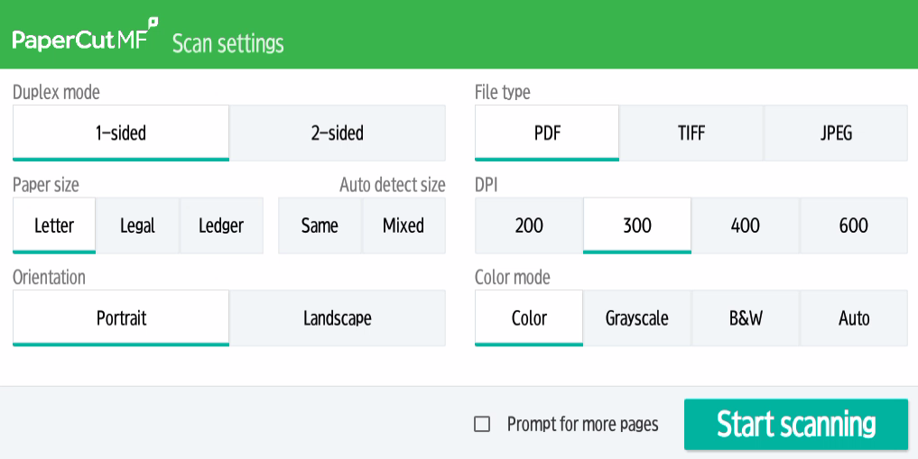 List of options: 1-2 sided, Orientation, file type, DPI, Color mode.