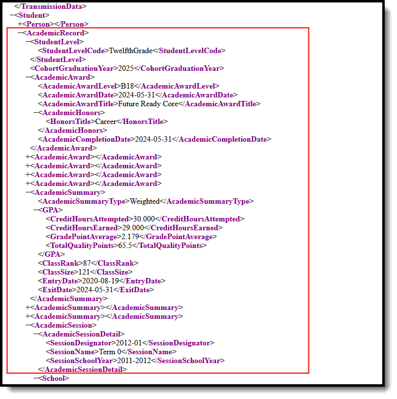 Screenshot of the PESC XML eTranscript where the Academic Record Information is highlighted.