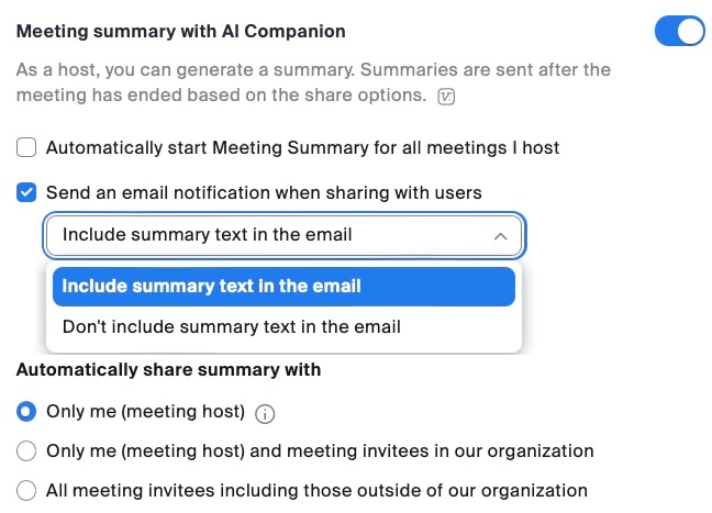 Zoom Meeting Summary with AI Companion settings