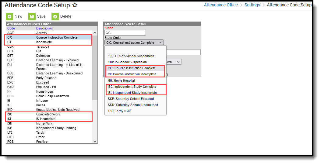Screenshot of the Attendance Code Setup tool with the CIC, CII, ISC, and ISI options highlighted. 