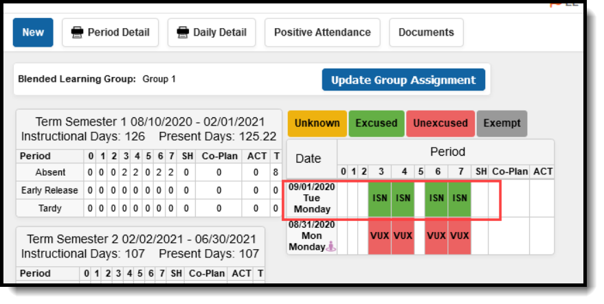 Screenshot of the Student Attendance tool with an Independent Study attendance event shown. 
