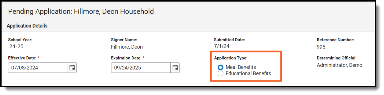 Screenshot of a pending application, the application type radio buttons are called out.