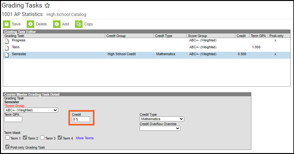 screenshot of the course grading task detail editor highlighting the credit field