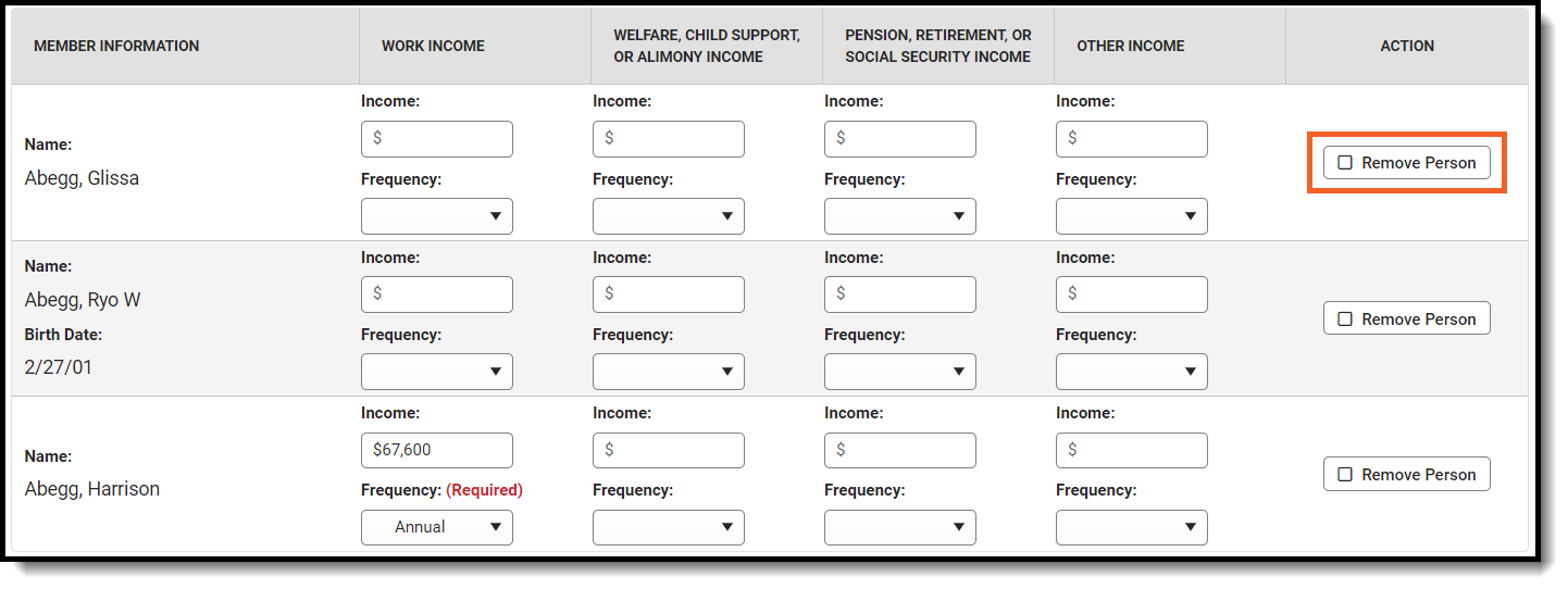 Screenshot of a household application. The Remove button for a household member is called out.