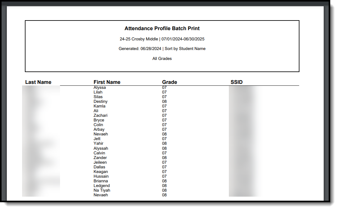 Screenshot of the Attendance Profile Batch Print Report Output.