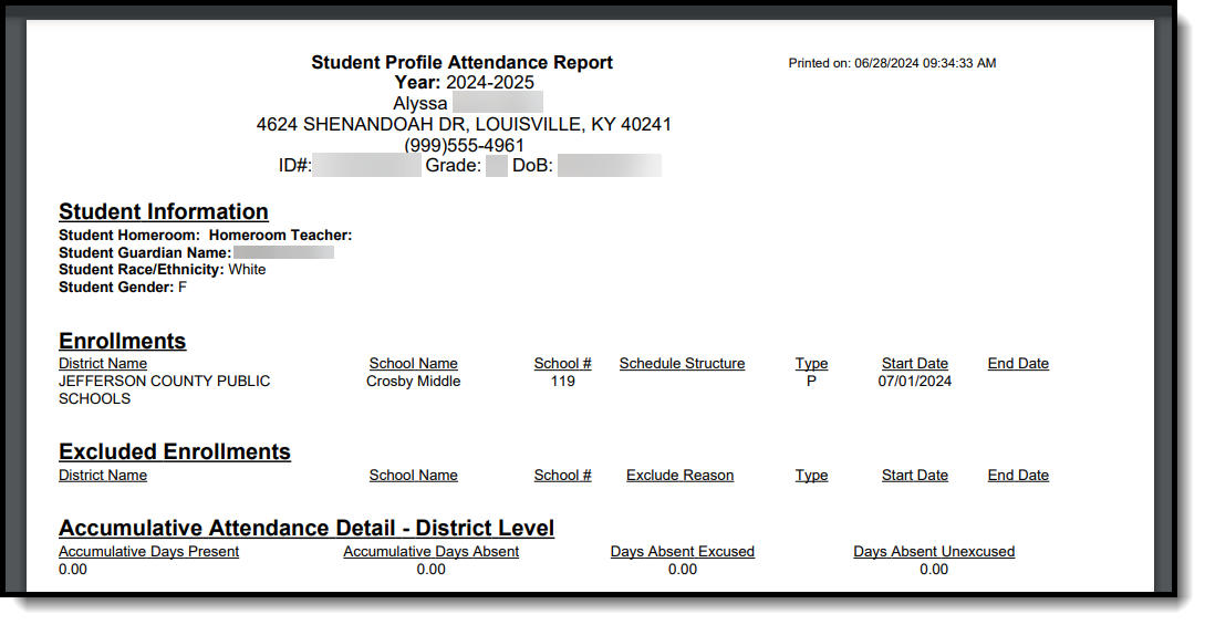 Screenshot of the Attendance Profile Batch Print Report Output for an individual student.