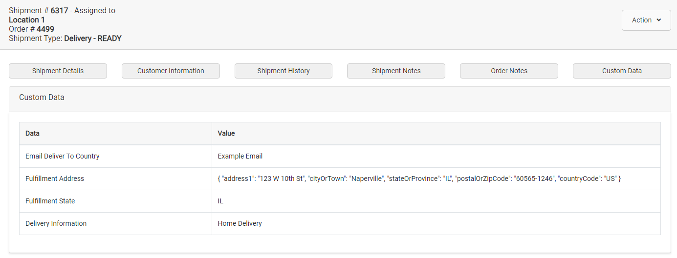 The custom data tab of an example shipment