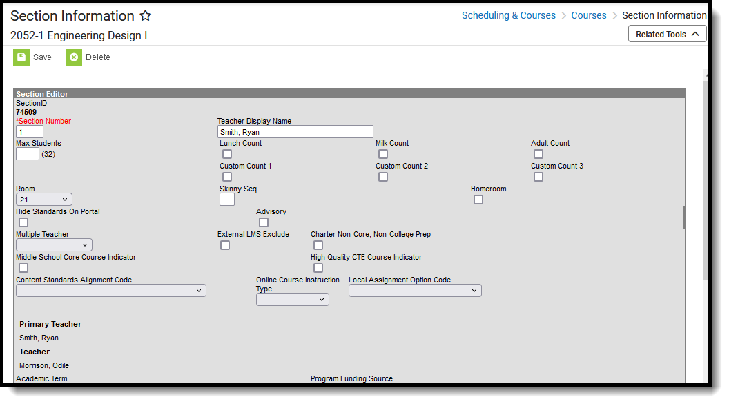 Screenshot of the Section Information editor, located at Scheduling & Courses, Coruses. 