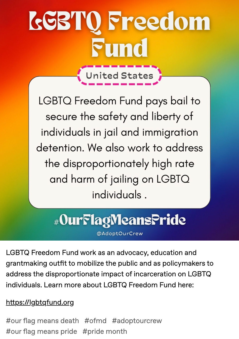 LGBTQ Freedom Fund work as an advocacy, education and grantmaking outfit to mobilize the public and as policymakers to address the disproportionate impact of incarceration on LGBTQ individuals. Learn more about LGBTQ Freedom Fund here:   https://lgbtqfund.org