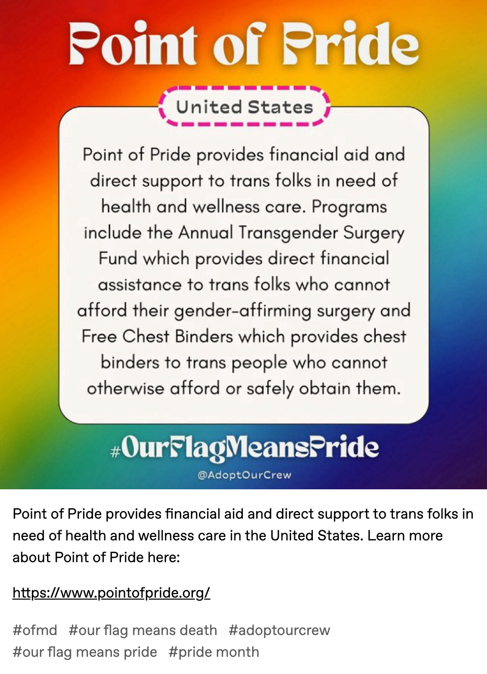 Point of Pride provides financial aid and direct support to trans folks in need of health and wellness care in the United States. Learn more about Point of Pride here:   https://www.pointofpride.org/