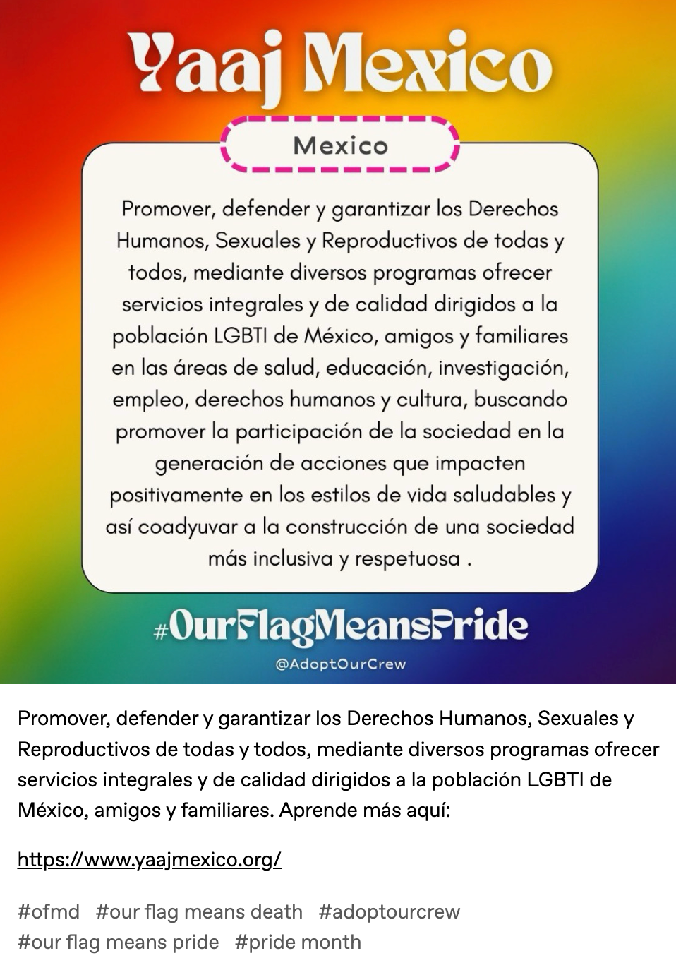 Promover, defender y garantizar los Derechos Humanos, Sexuales y Reproductivos de todas y todos, mediante diversos programas ofrecer servicios integrales y de calidad dirigidos a la población LGBTI de México, amigos y familiares. Aprende más aquí:   https://www.yaajmexico.org/