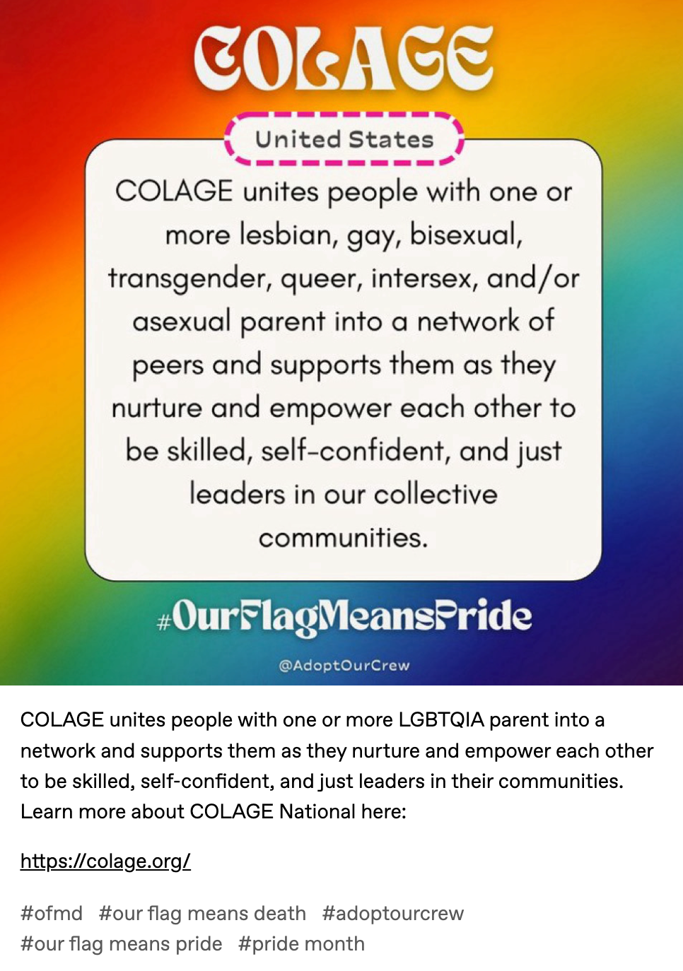 COLAGE unites people with one or more LGBTQIA parent into a network and supports them as they nurture and empower each other to be skilled, self-confident, and just leaders in their communities. Learn more about COLAGE National here:   https://colage.org/