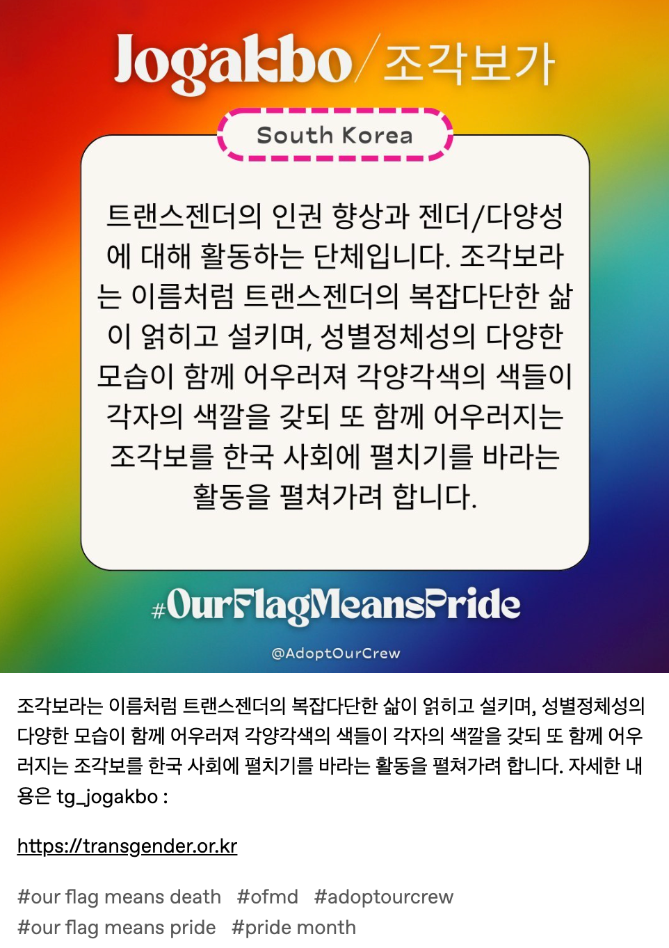 조각보라는 이름처럼 트랜스젠더의 복잡다단한 삶이 얽히고 설키며, 성별정체성의 다양한 모습이 함께 어우러져 각양각색의 색들이 각자의 색깔을 갖되 또 함께 어우러지는 조각보를 한국 사회에 펼치기를 바라는 활동을 펼쳐가려 합니다. 자세한 내용은 tg_jogakbo :   https://transgender.or.kr