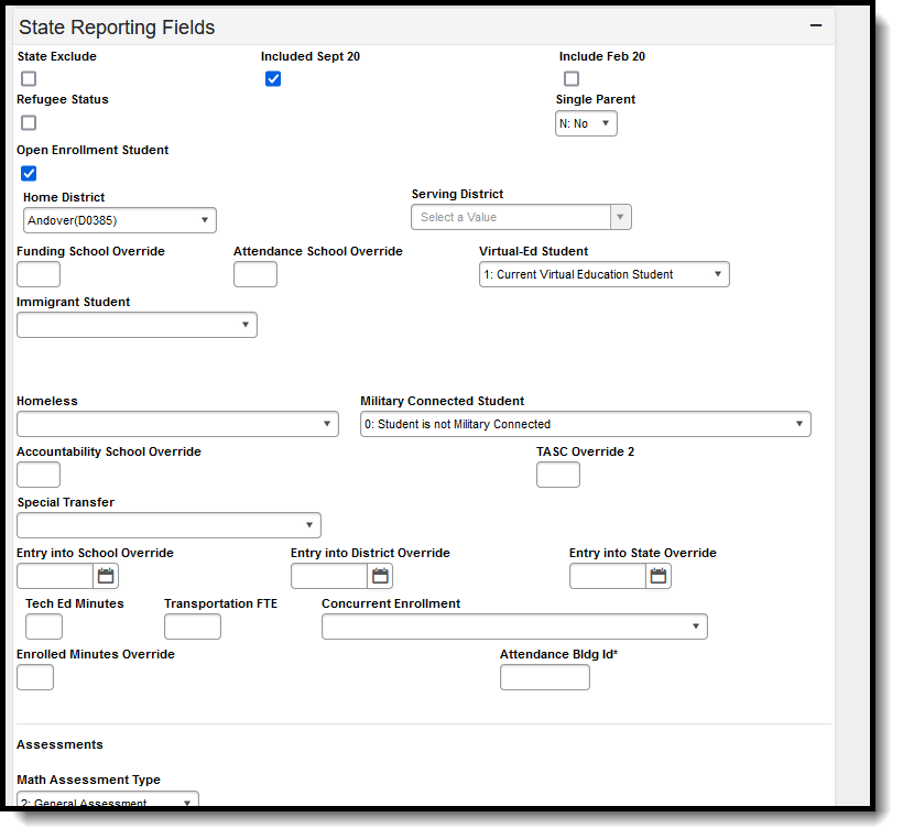 Screenshot of the State Reporting Enrollment editor. 