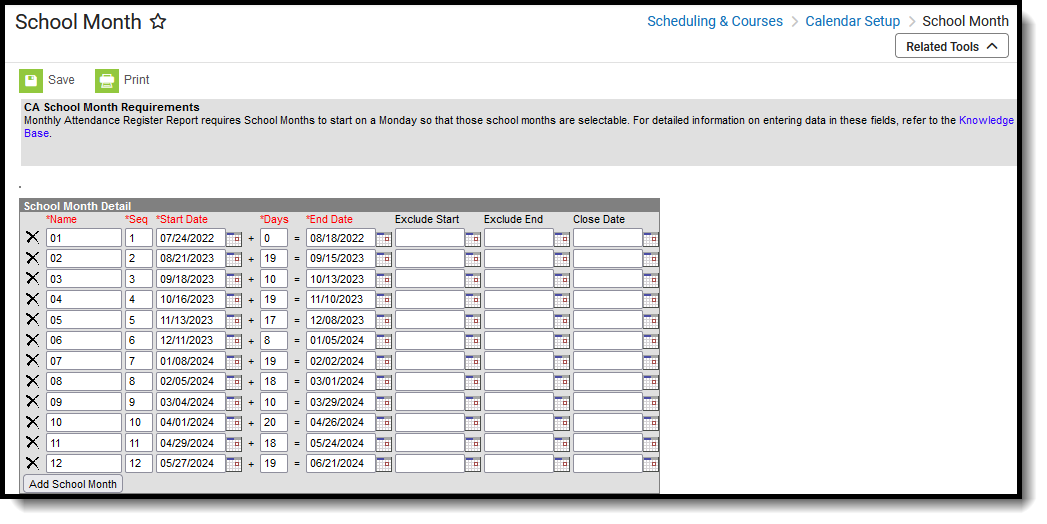 Screenshot of the School Month tool, located at Scheduling & Courses, Calendar Setup