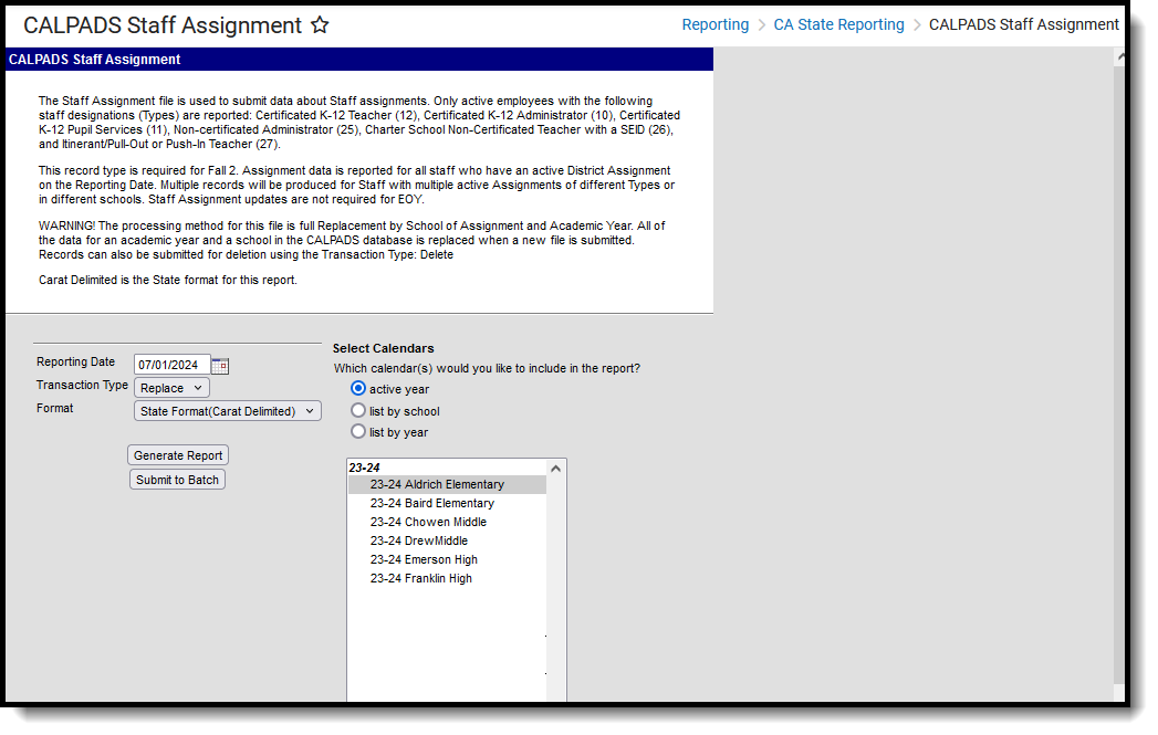 Screenshot of the CALPADS Staff Assignment Extract, located at Reporting, CA State Reporting. 