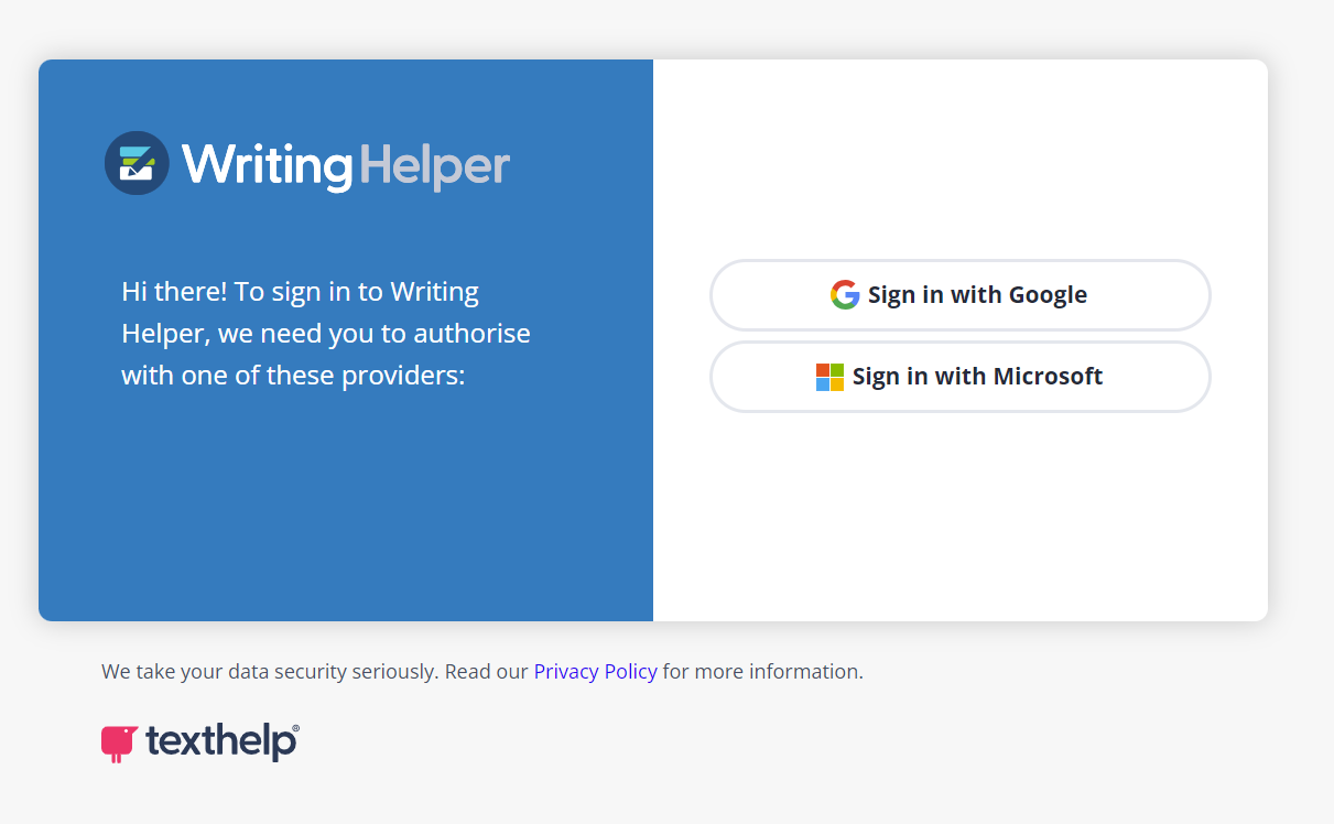 Writing Helper identity sign in page