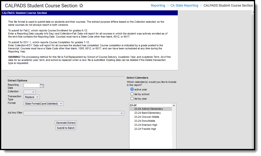 Screenshot of the CALPADS Student Course Section Extract, located at Reporting, CA State Reporting. 