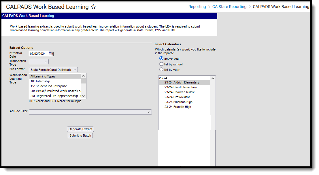 Screenshot of the CALPADS Work-Based Learning Extract editor, located at Reporting, CA State Reporting. 