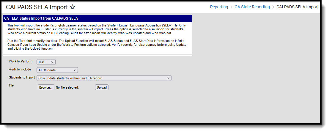 Screenshot of the CALPADS SELA Import Extract, located at Reporting, CA State Reporting. 